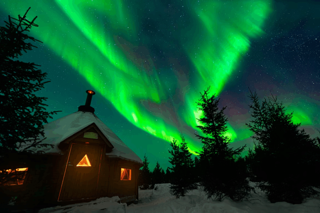 Affordable Northern Lights trip with colorful aurora over snowy landscape