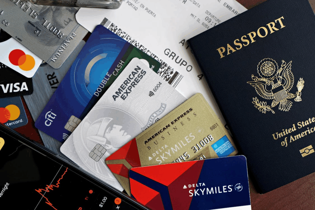 Credit cards, passport, and airline miles card showing how to use credit card points for flights