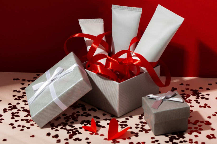 Gift box filled with free sample beauty products wrapped in red ribbon