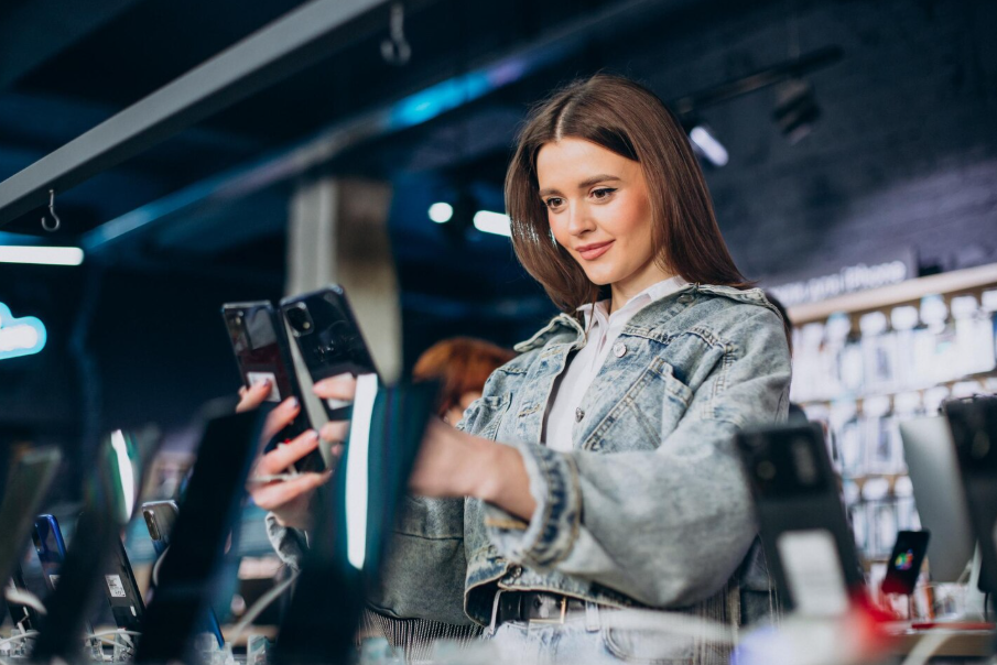 Woman comparing new and refurbished smartphones in a tech store