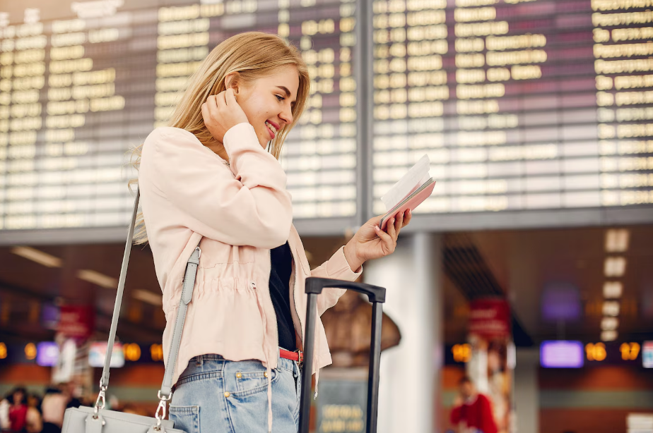 Happy traveler at airport holding passport and ticket after booking a mistake airfare deal