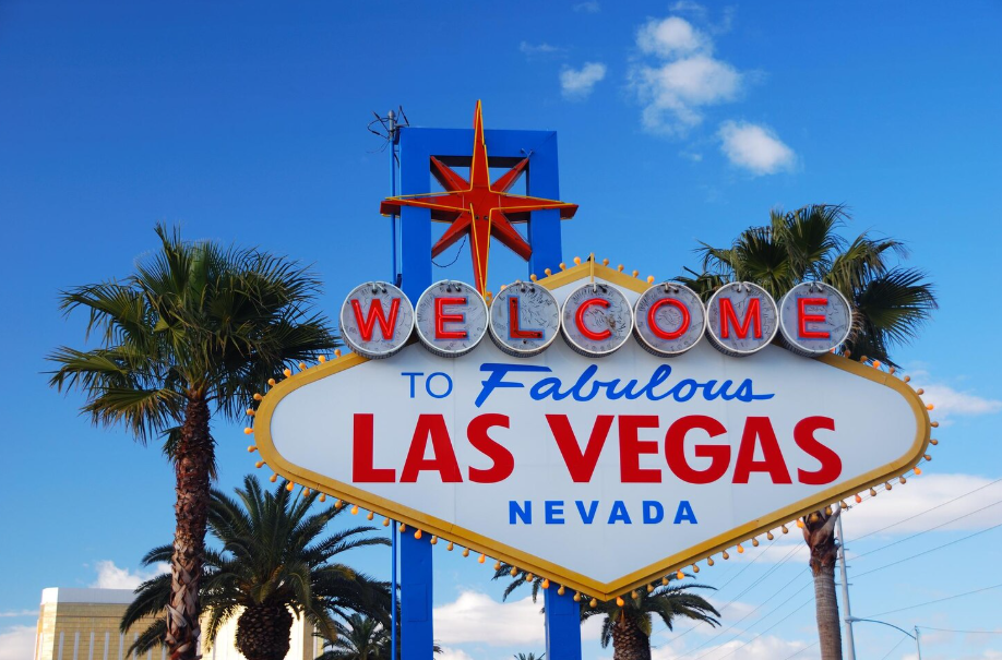 Welcome to Fabulous Las Vegas sign with palm trees, highlighting cheap 5 star hotels in USA
