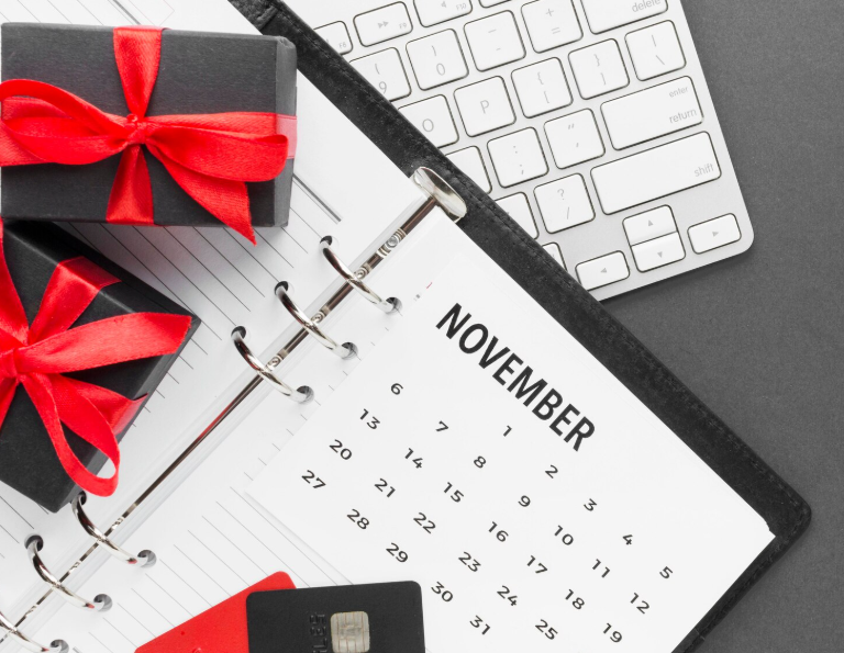 November shopping calendar with gifts representing holiday sales events like Black Friday and Cyber Monday.